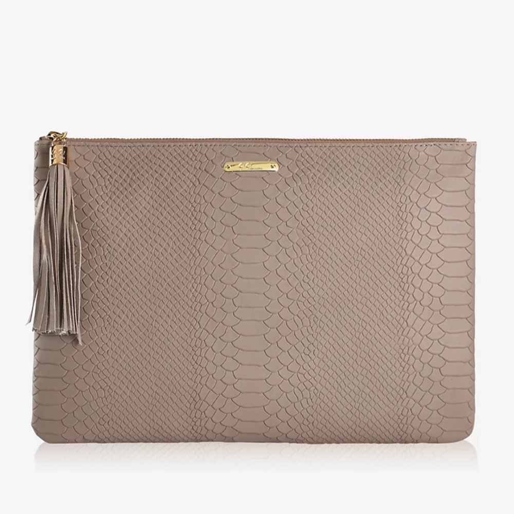 Gigi NY Chic Oversized Beige Leather Clutch – iPad Compatible